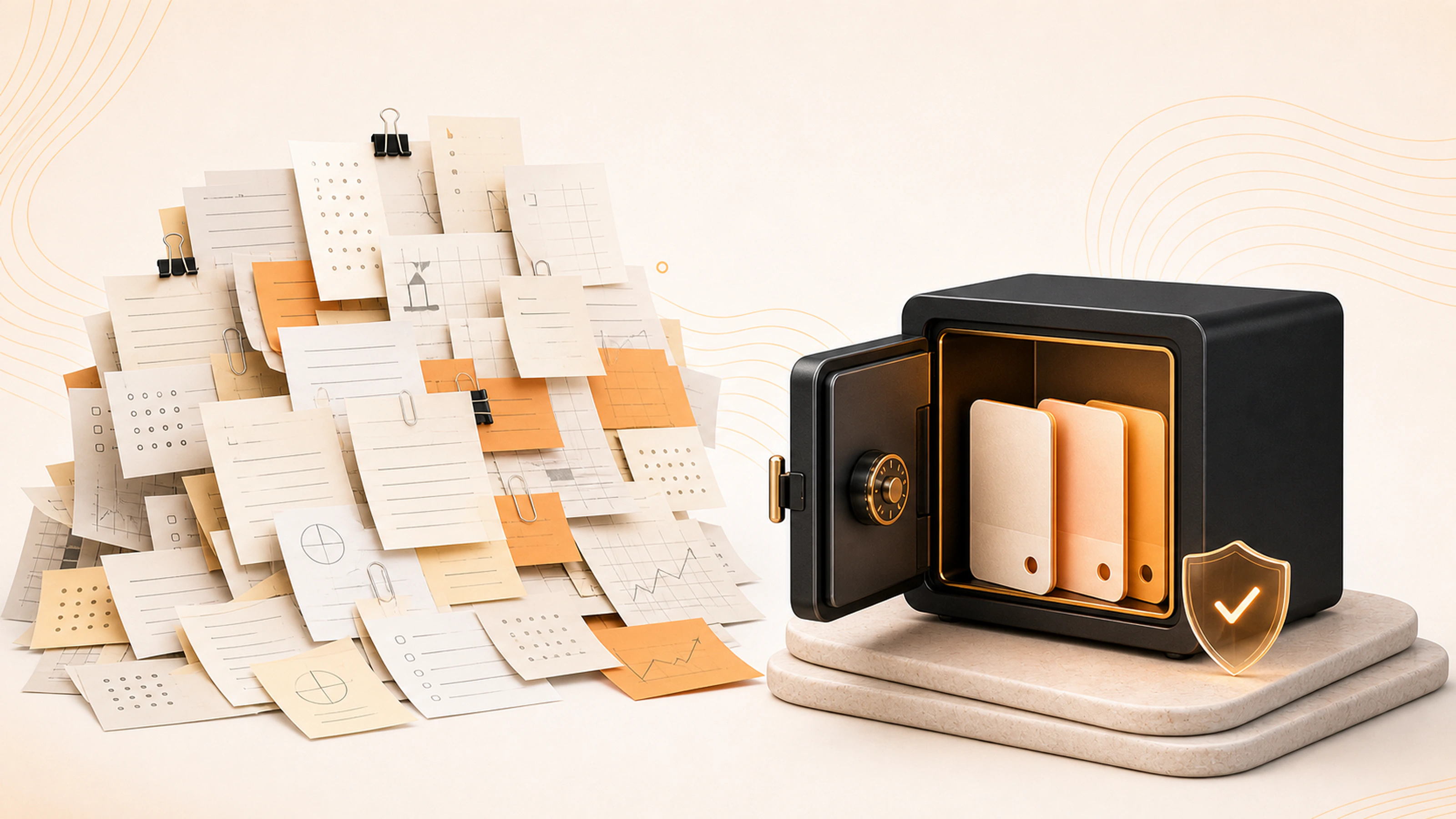 Detailed paper notes sit beside a small protected memory vault containing only a few stable orange context cards.