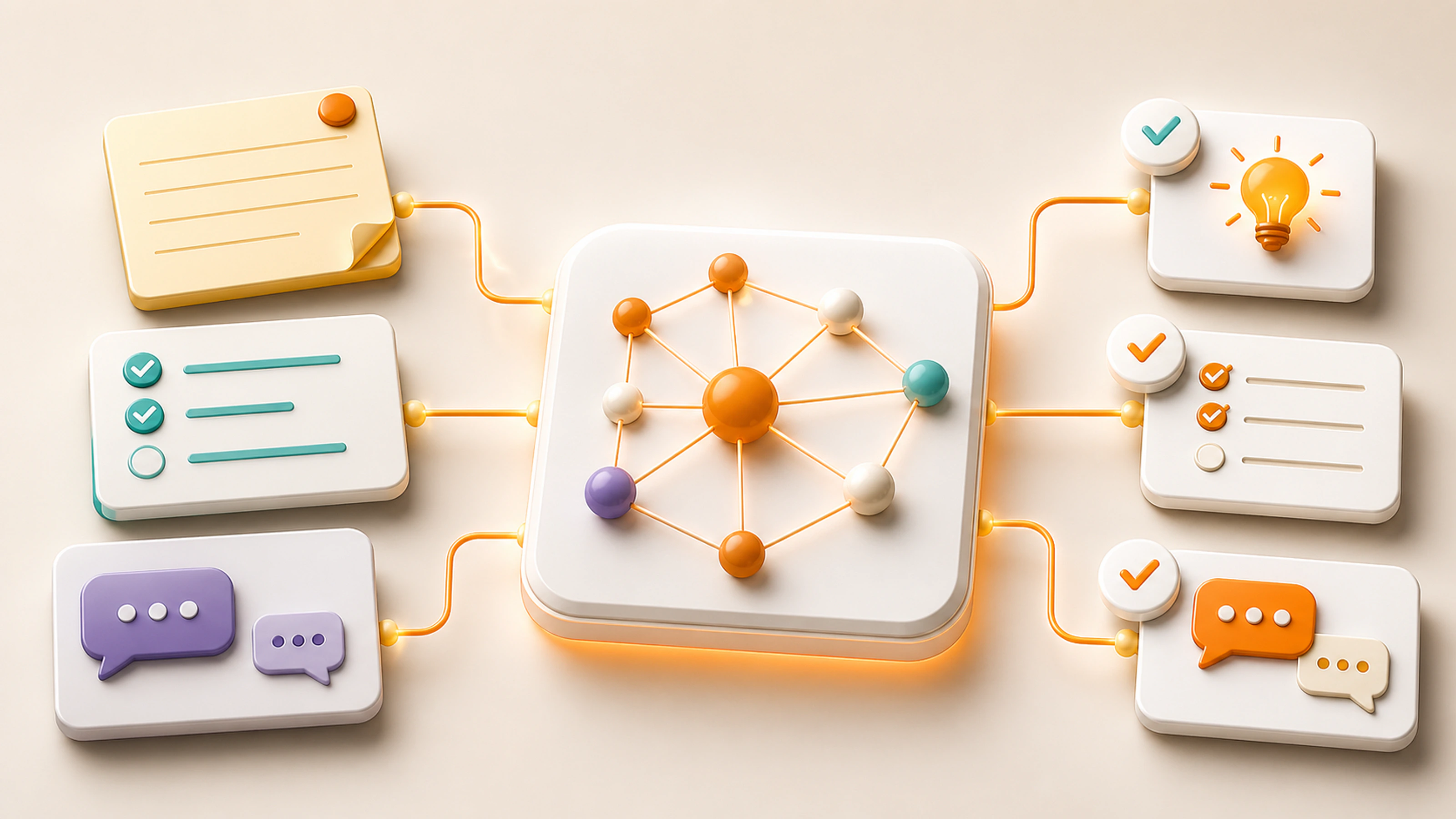 Separate note, task, and chat surfaces connect through one knowledge hub to a useful idea and a verified action.
