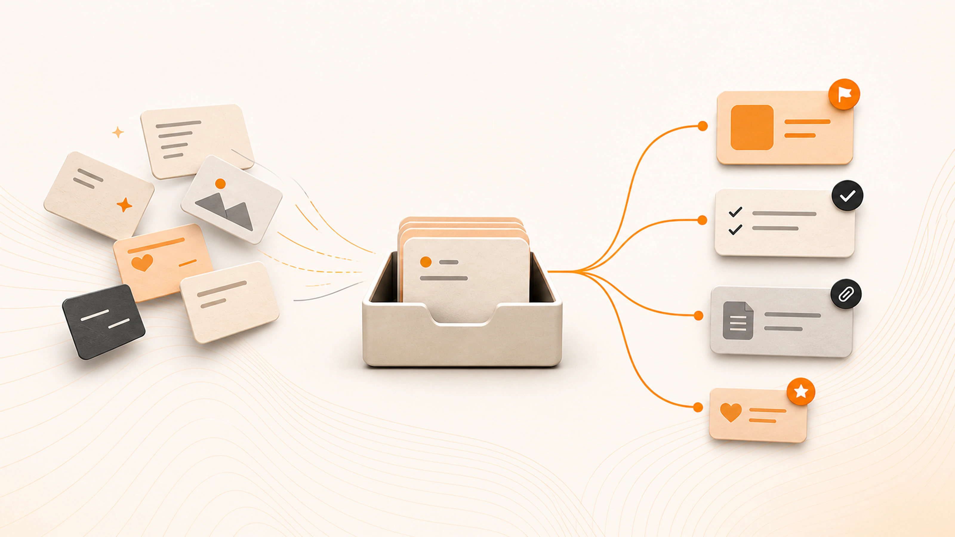 Scattered source cards enter one calm capture tray before branching into task, reference, project, and saved-item destinations.