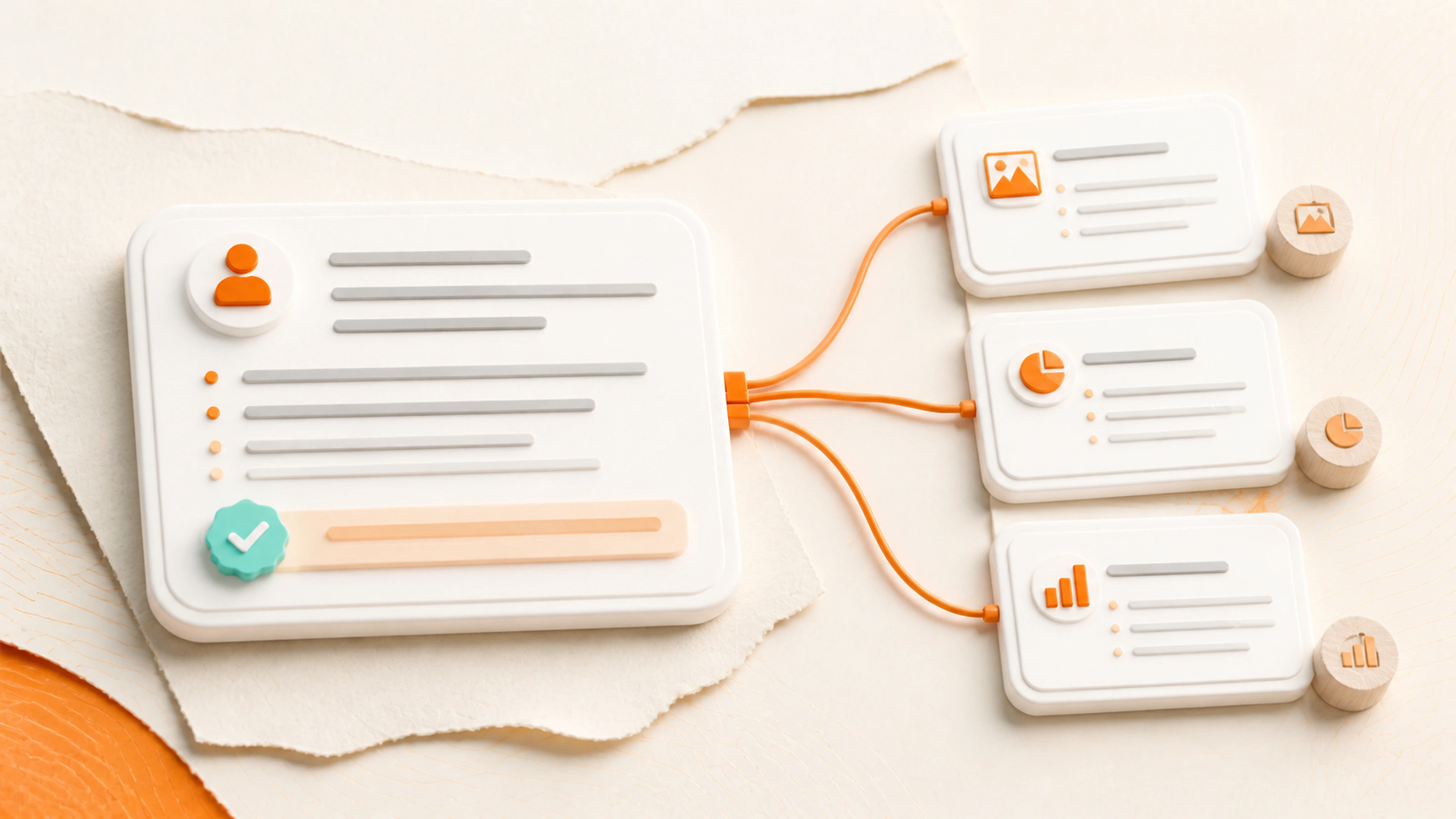 One answer card remains connected by orange threads to three distinct supporting source cards on layered paper.