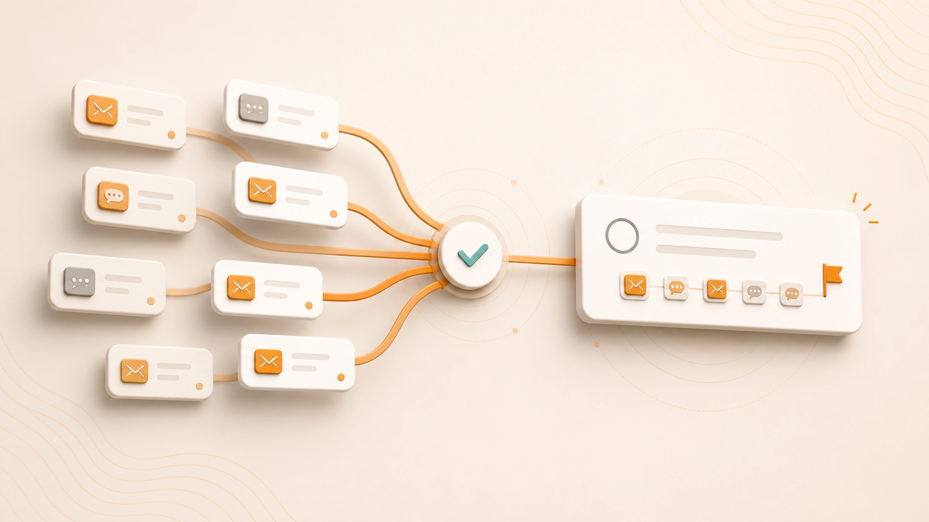 Several email and chat messages converge through a matching checkpoint into one task with its source events attached.