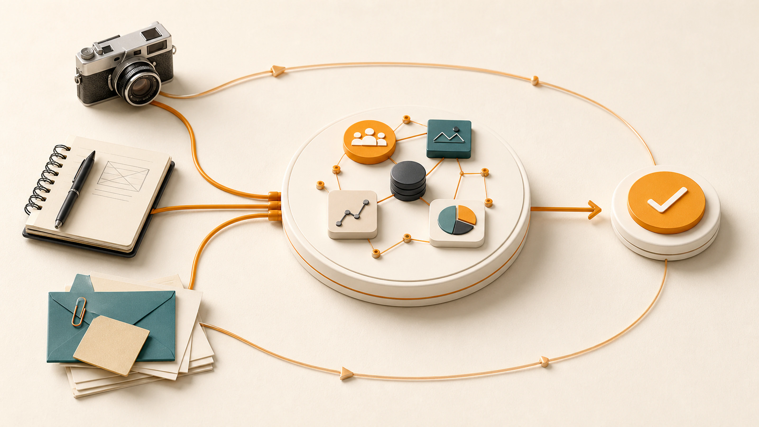 A notebook, source envelope, and captured image feed a connected project hub that leads to one confirmed next action.