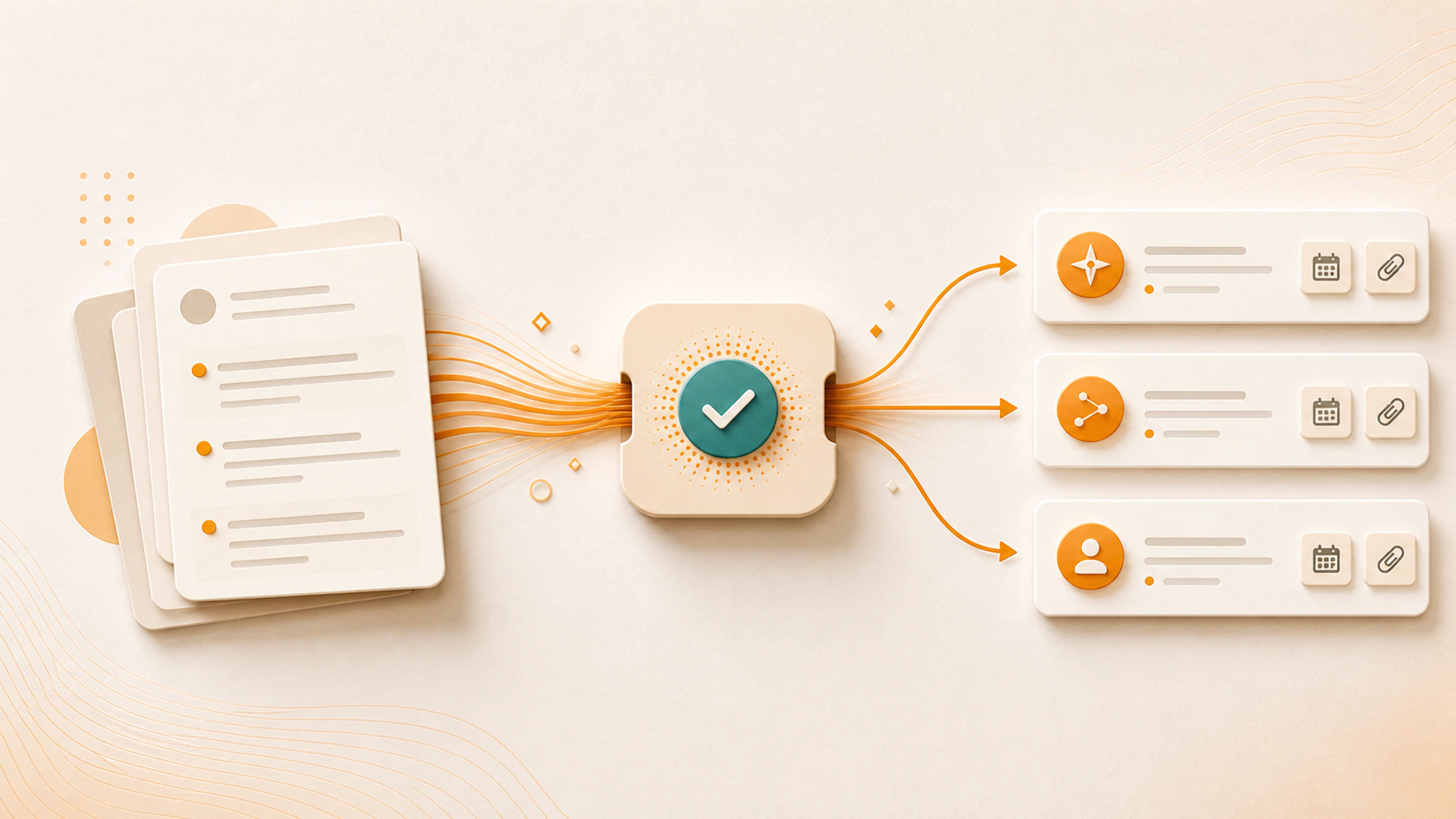 A meeting-note stack passes through a confirmation gate and becomes three owner-and-date task cards with sources attached.