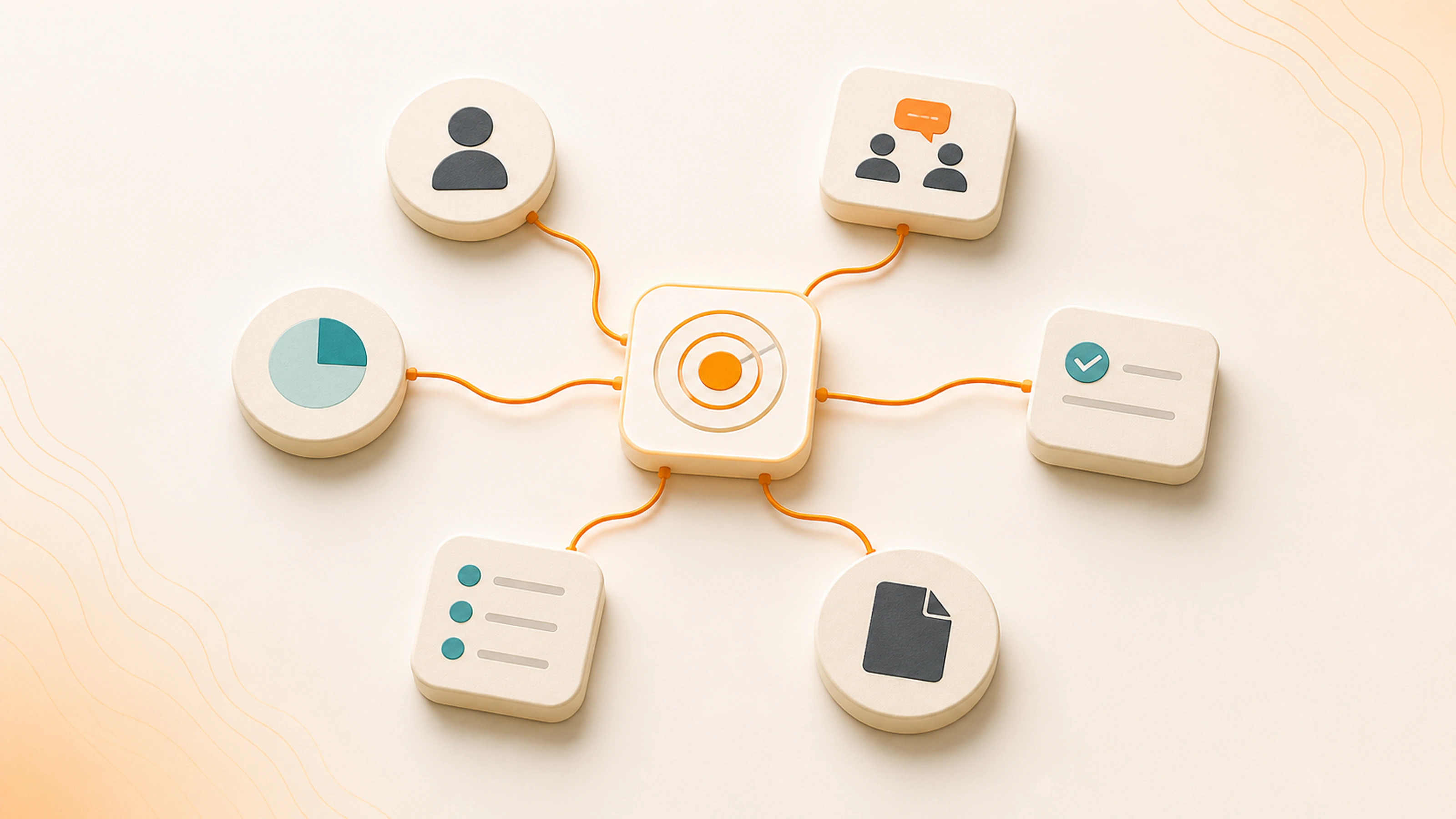 One project hub connects to a person, conversation, task, source, decision chart, and supporting page around it.