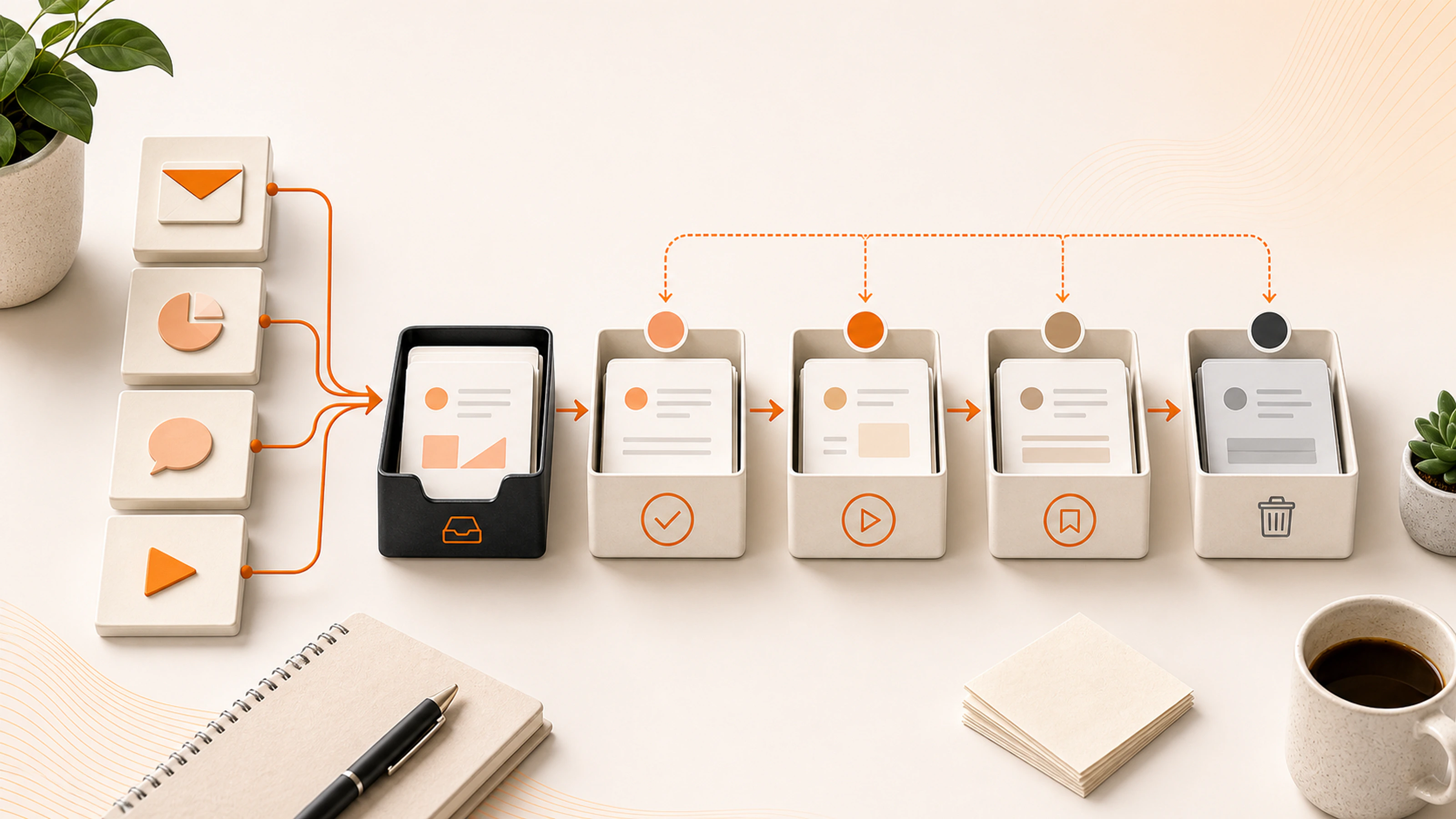 Source cards enter a capture inbox and retain orange threads while moving through review, reference, action, or discard stages.
