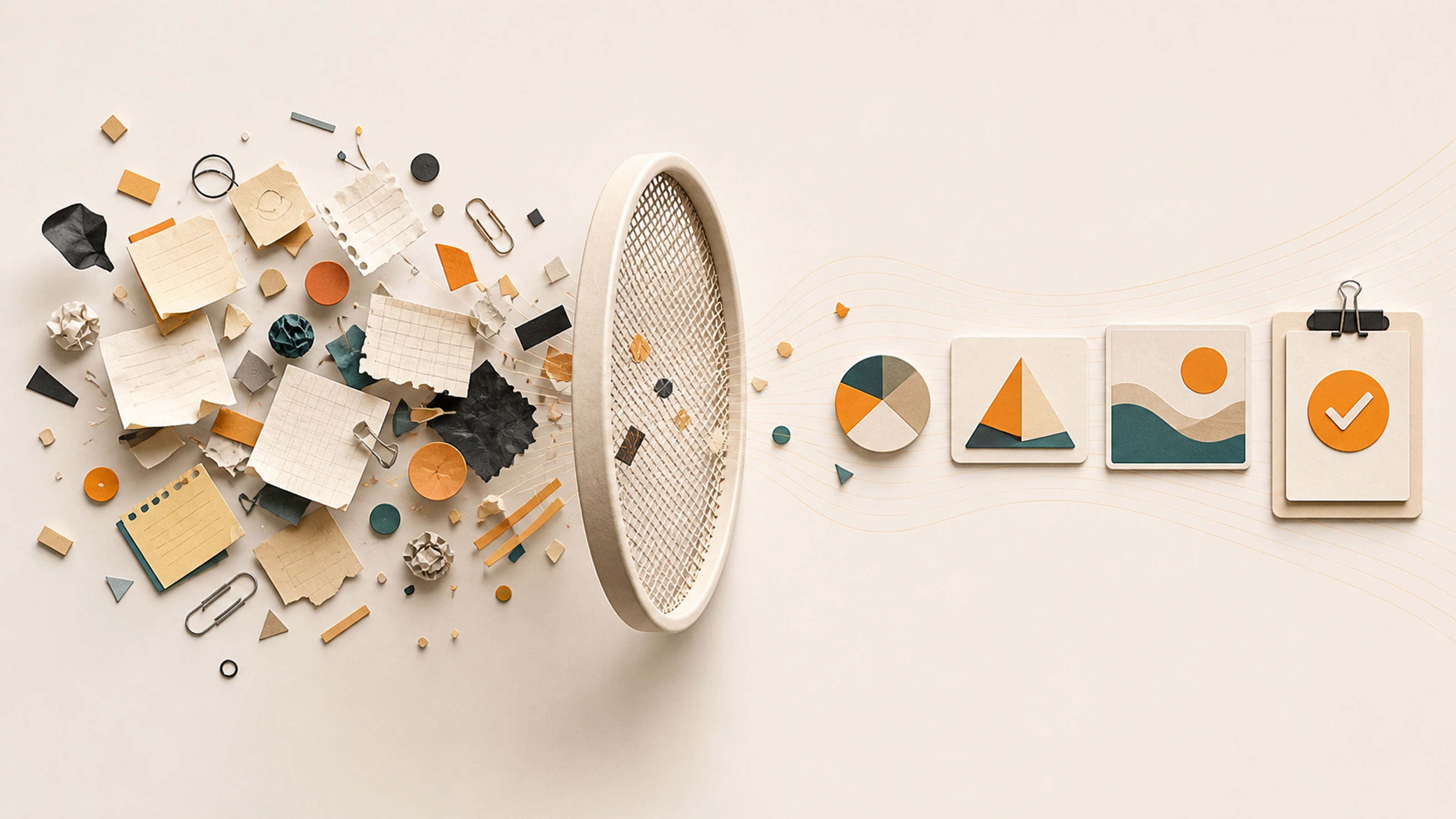Cluttered notes and noise pass through a physical sieve and emerge as four organized pieces of durable context.