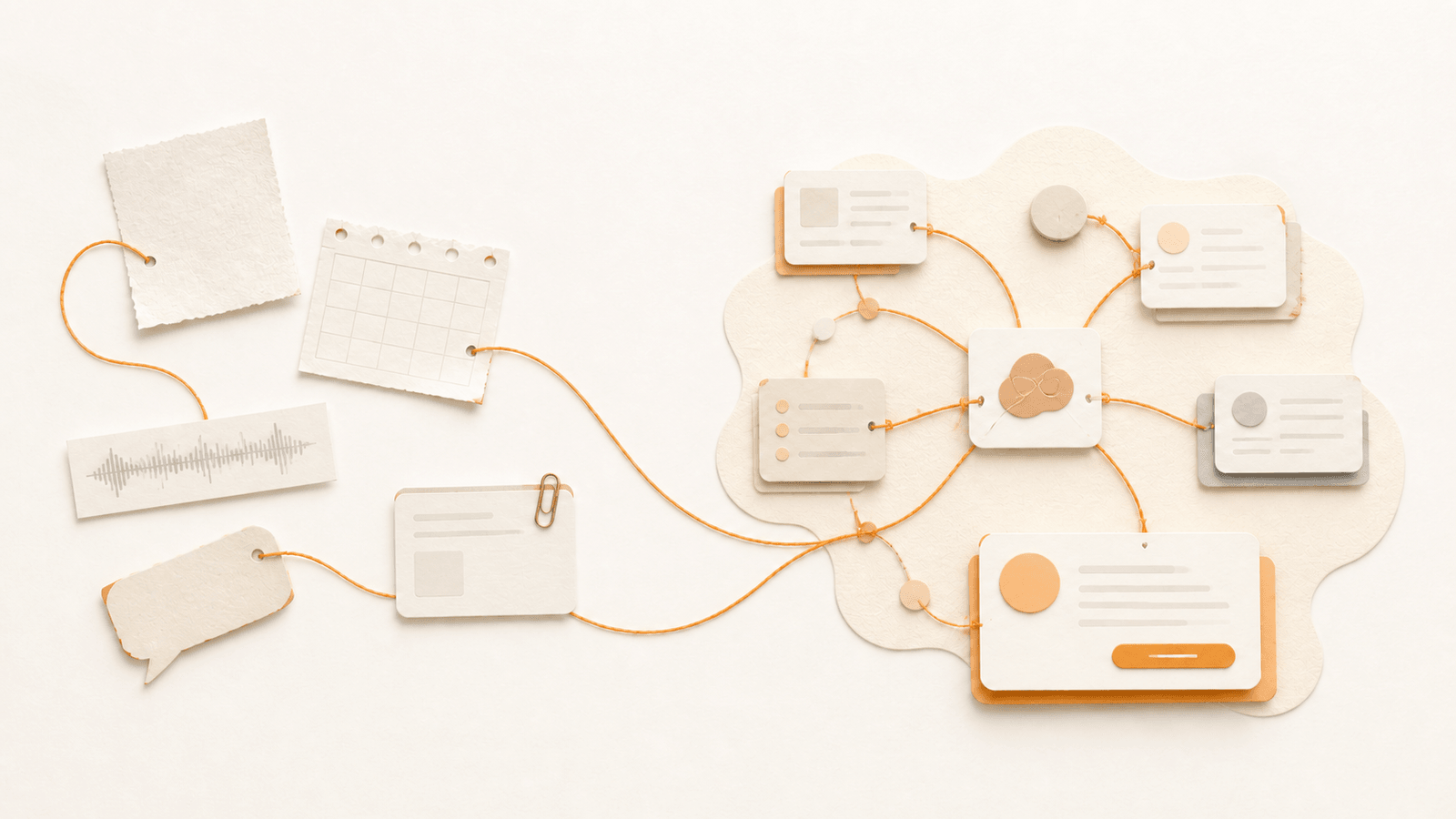 Orange threads connect scattered paper notes to an organized network of knowledge and action cards.