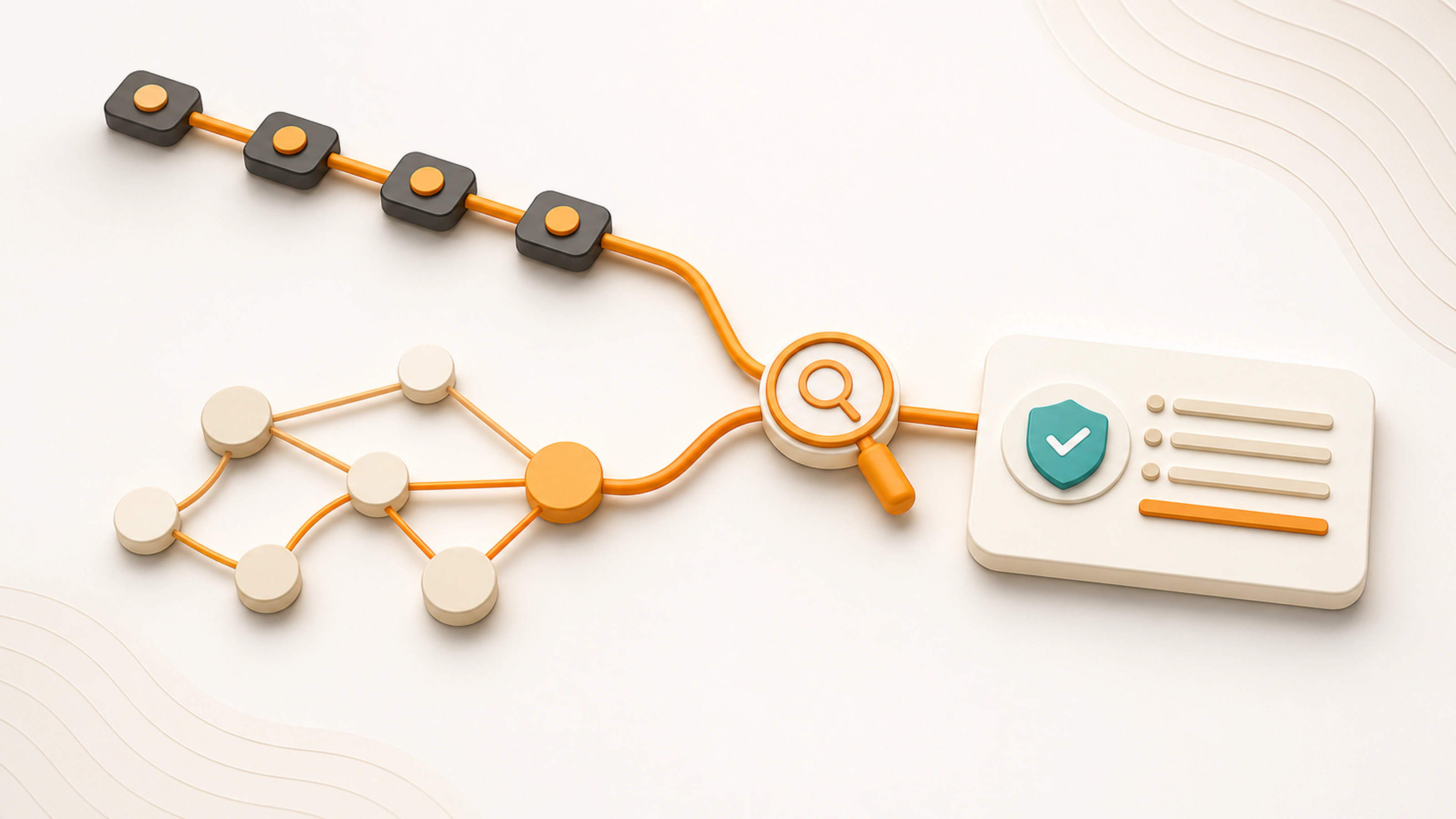 A line of exact anchor blocks and a graph of related concepts converge through one search lens on a verified source card.